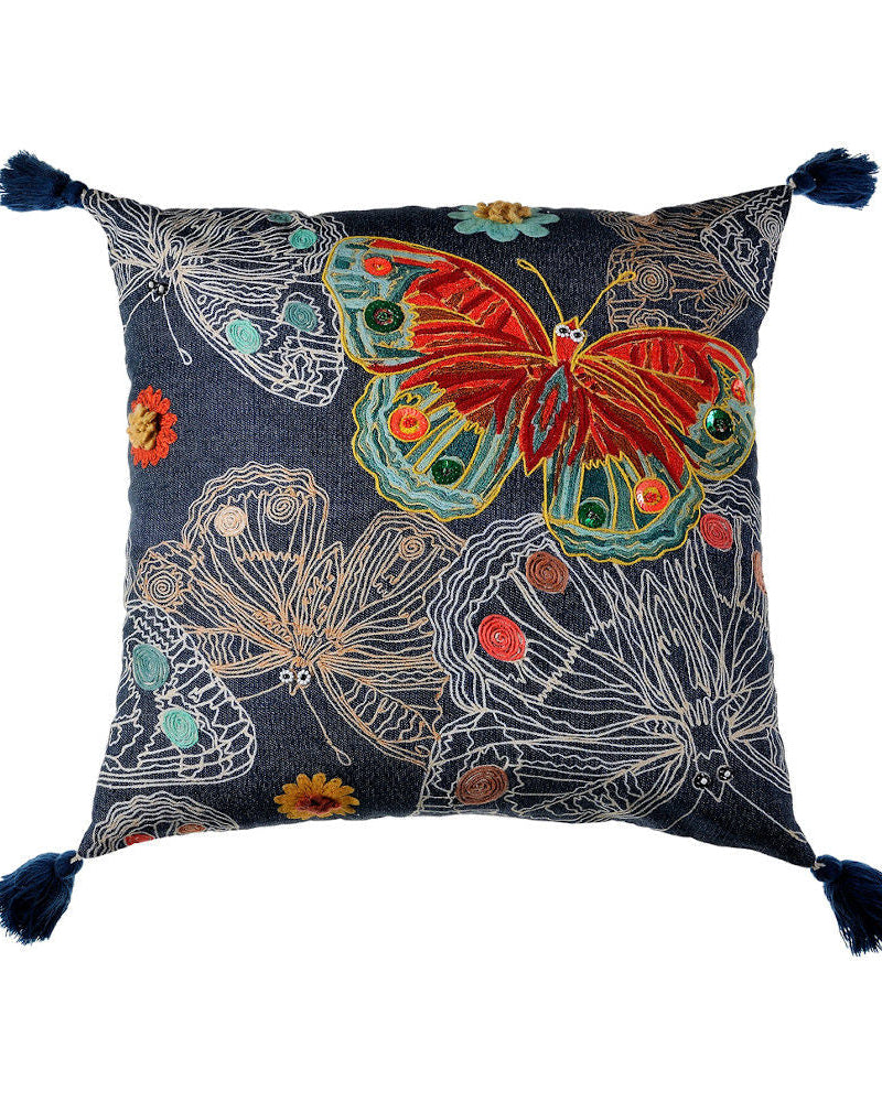 Jastëk Dekorativ Xhinse Flutura te qëndisura në ngjyrë blu