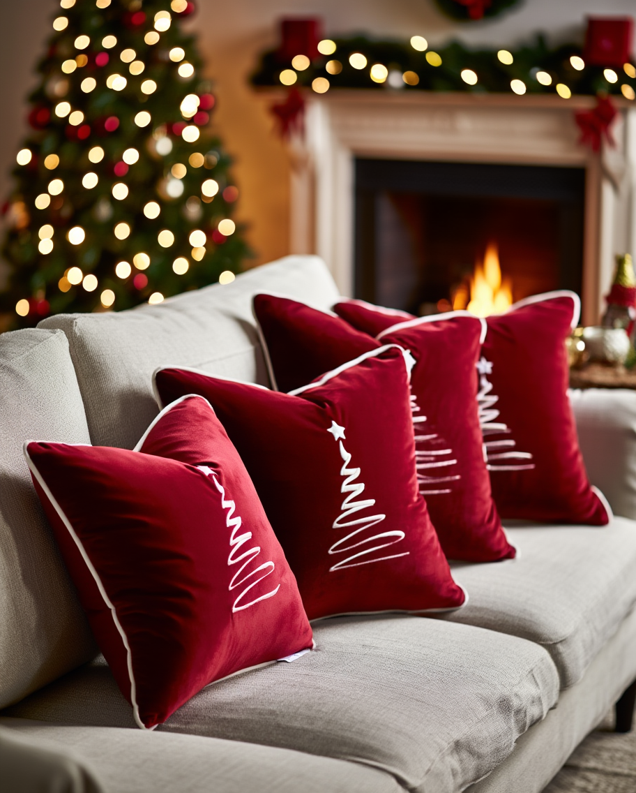 Jastëk dekorativ festiv velvet me qëndisje dhe kordon