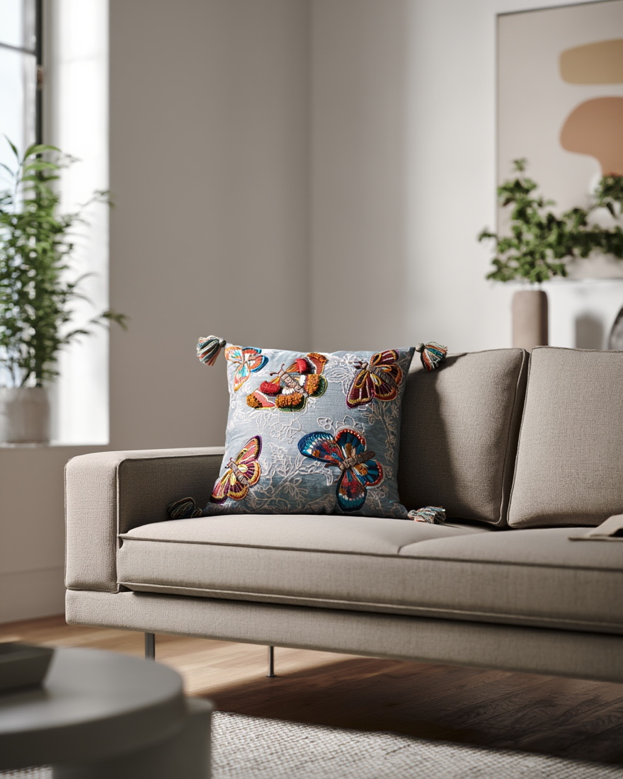 Jastëk Dekorativ Xhinse Flutura te qëndisura