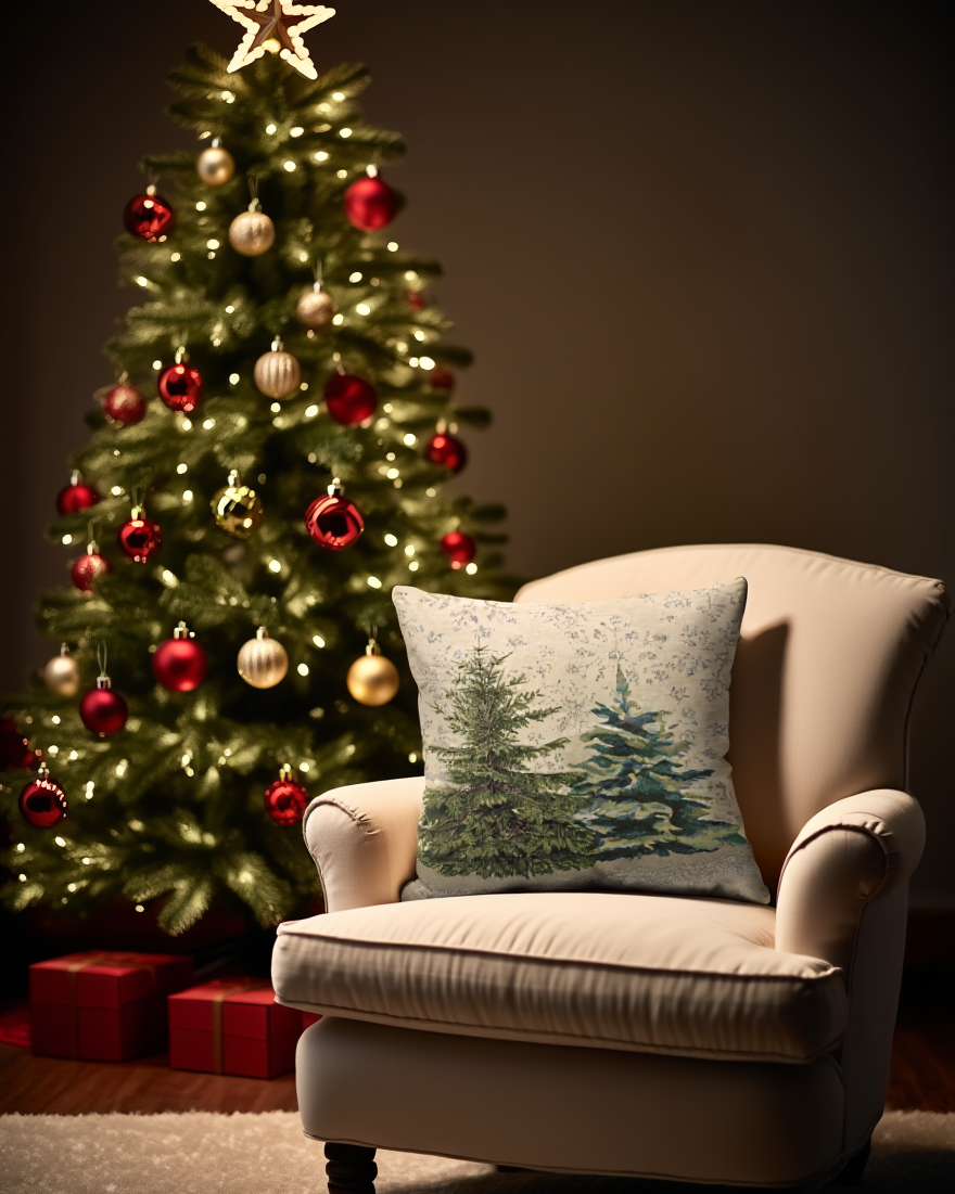 Këllëf jastëku dekorativ me bredh Krishtlindjesh