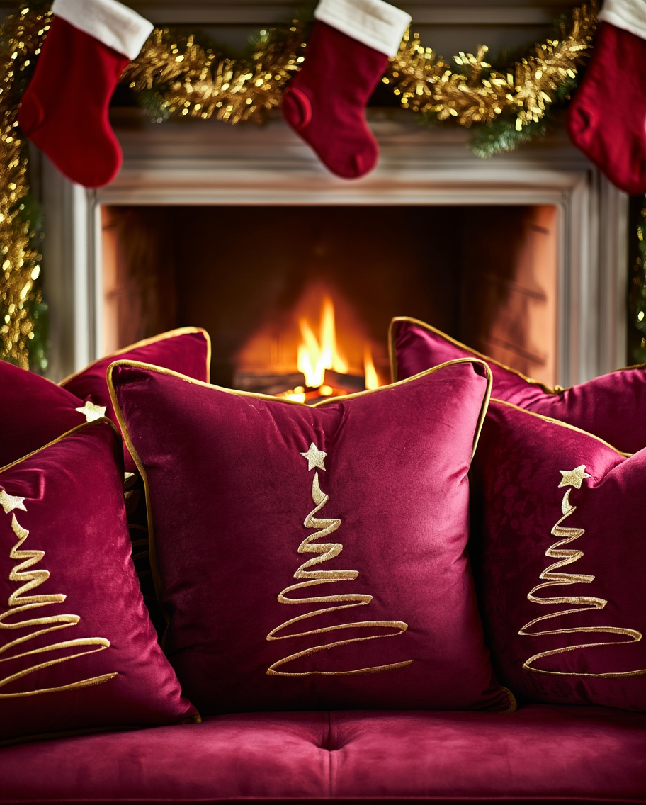 Jastëk dekorativ festiv velvet me qëndisje dhe kordon