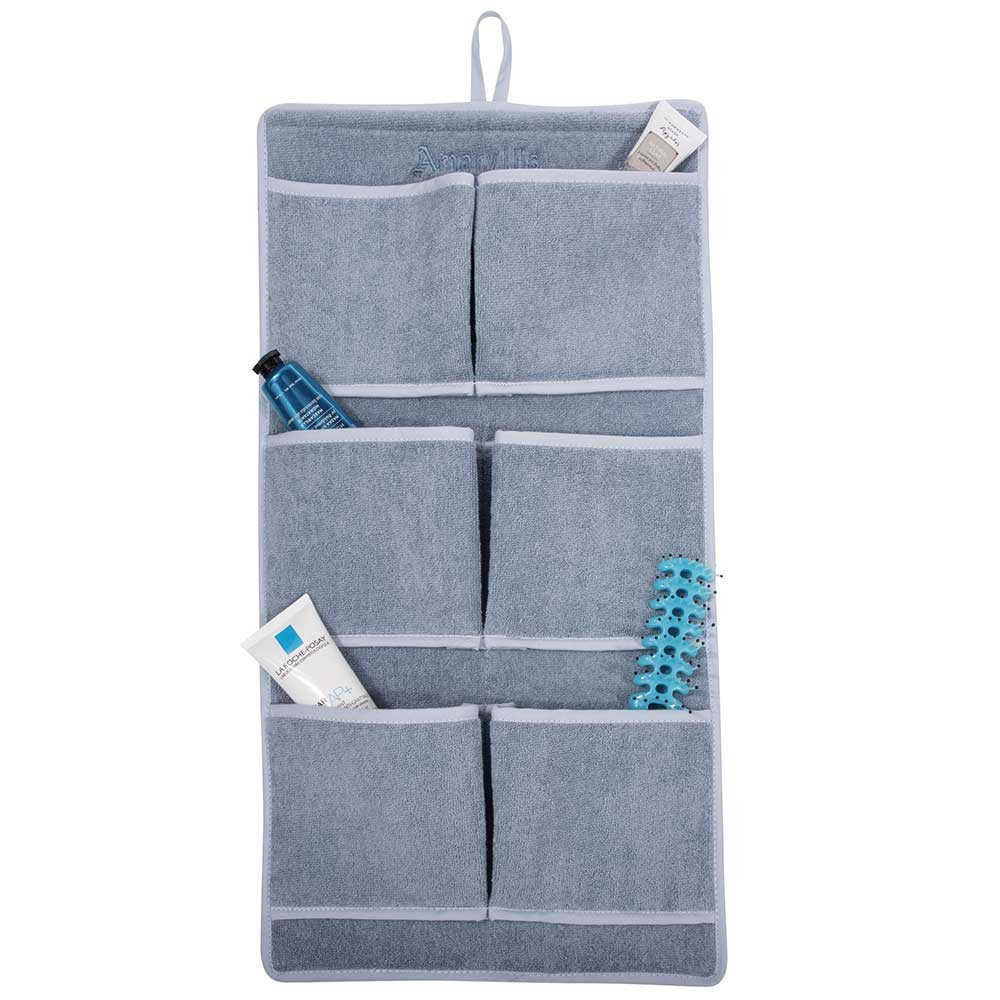 Çantë tualeti banjoje prej materiali peshqiri në ngjyrë blu e çelët