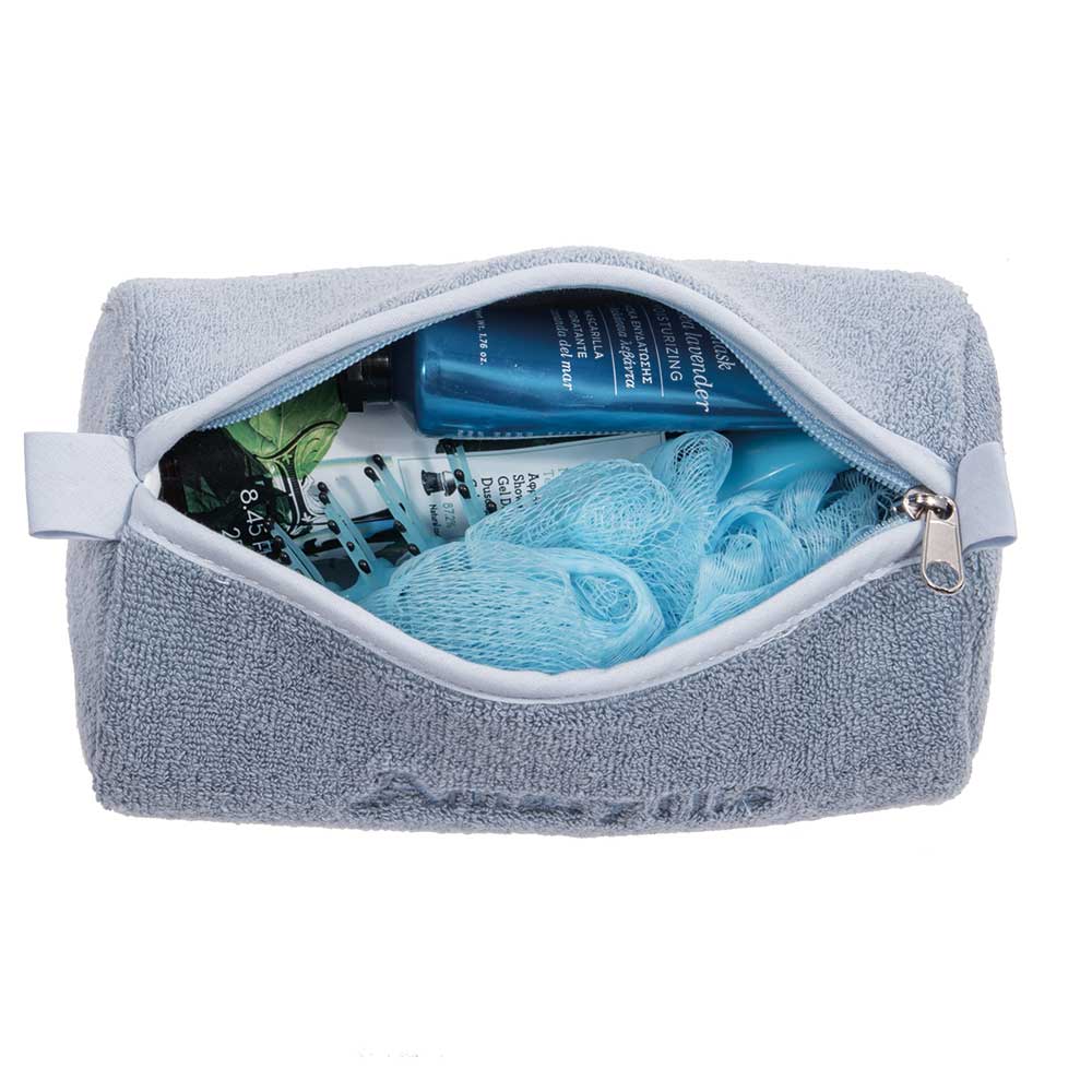 Çantë tualeti në formë kuti, prej peshqiri, ngjyrë blu e çelët