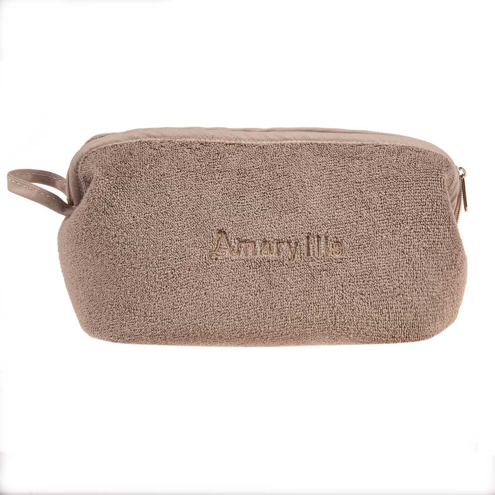 Çantë tualeti e madhe në ngjyrë kafe, prej materiali peshqir