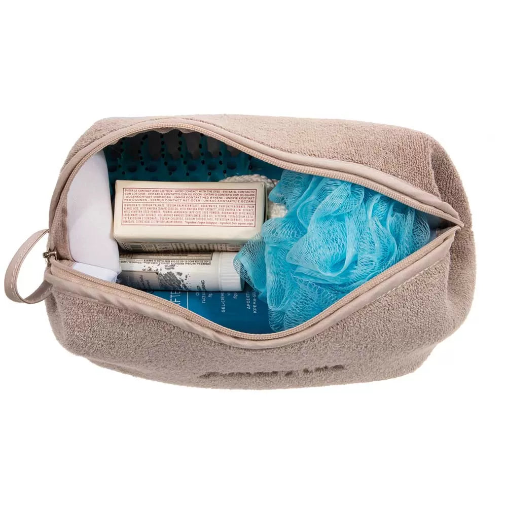 Çantë tualeti e madhe në ngjyrë kafe, prej materiali peshqir