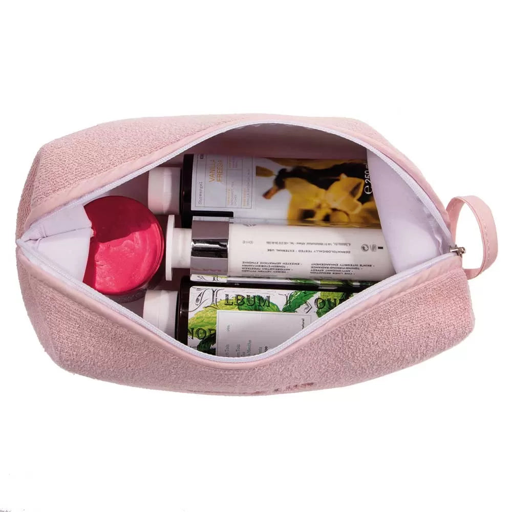 Çantë tualeti e madhe në ngjyrë rozë, prej materiali peshqir
