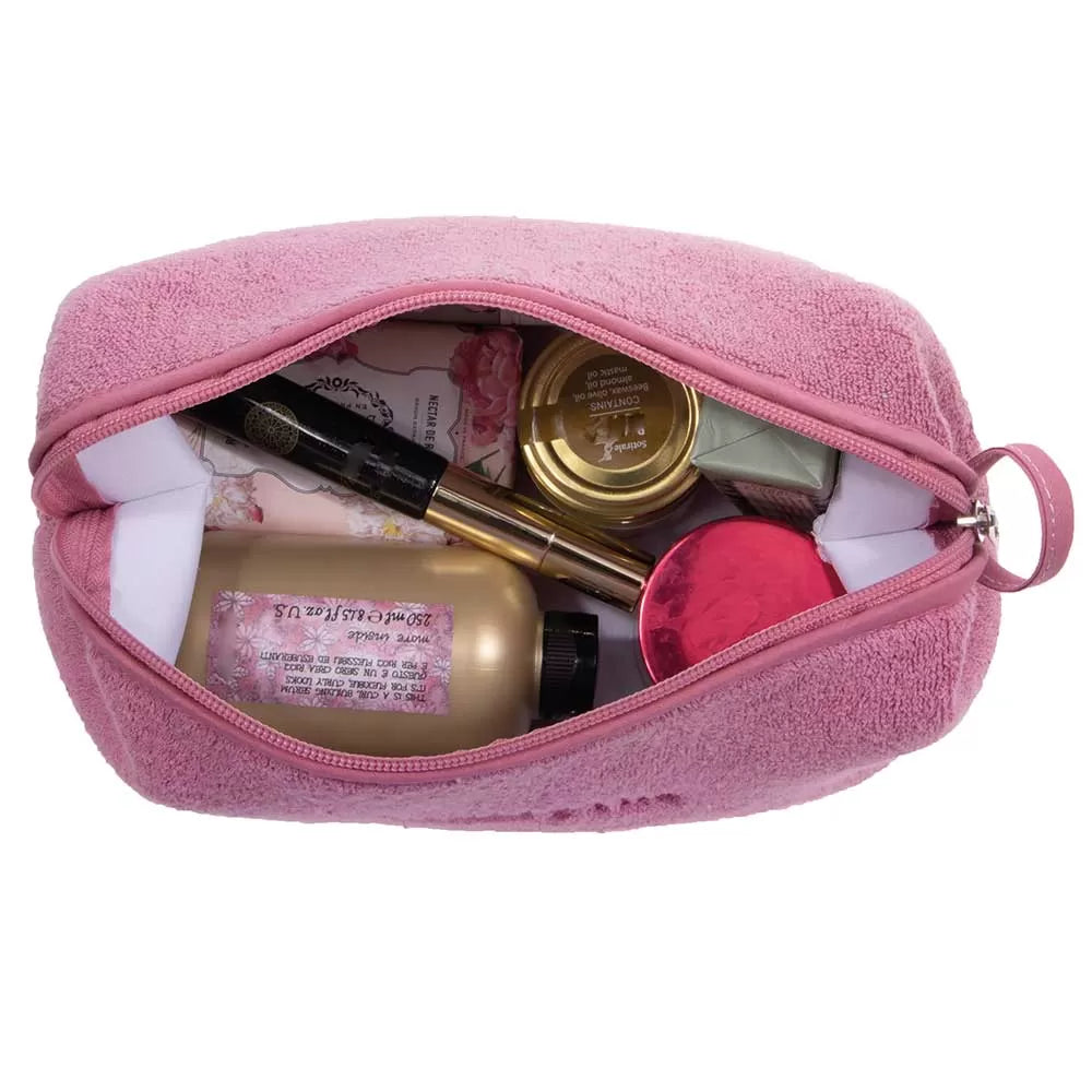 Çantë tualeti e madhe në ngjyrë rozë e errët, prej materiali peshqir