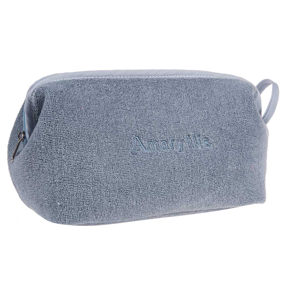 Çantë tualeti e madhe në ngjyrë blu e çelët, prej materiali peshqir