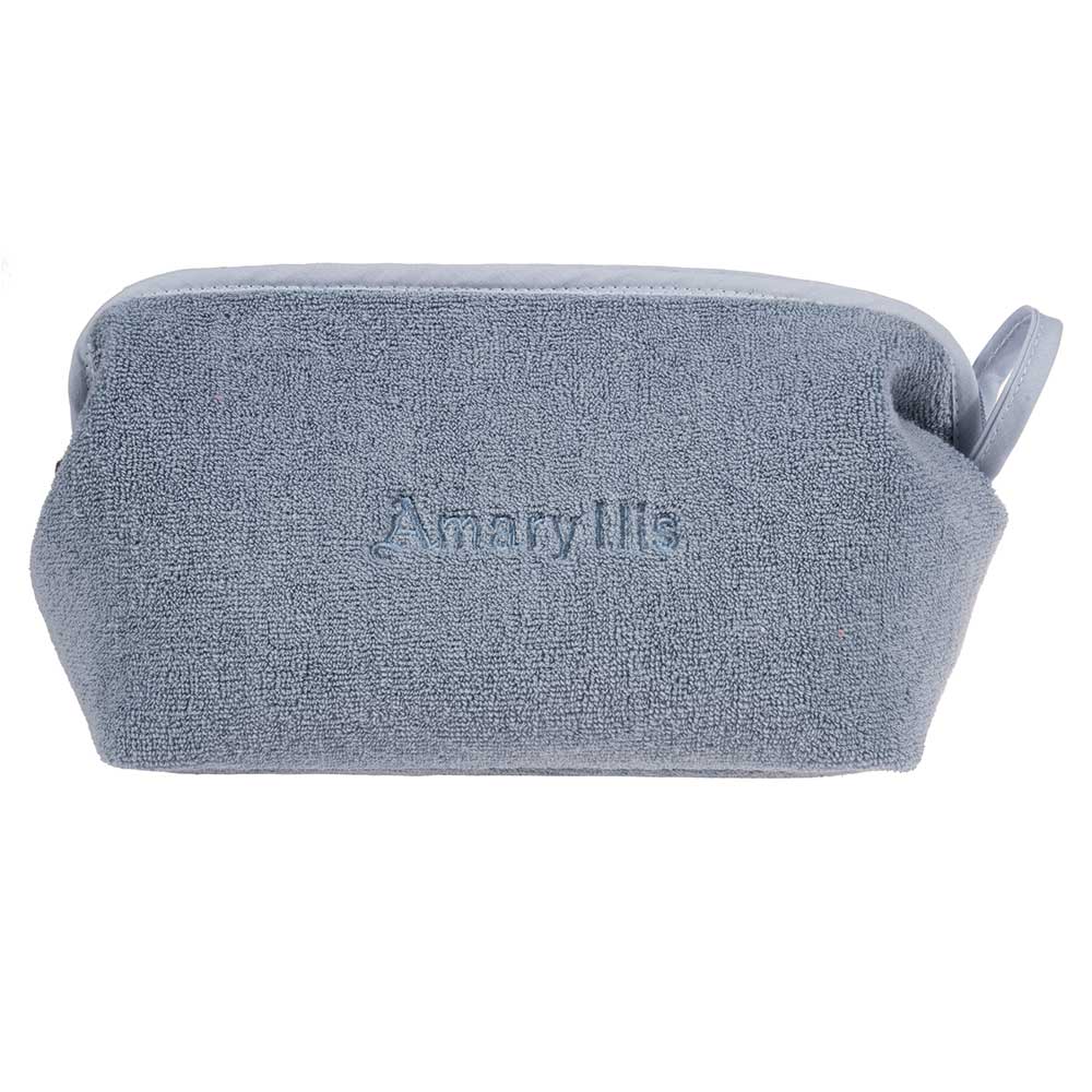 Çantë tualeti e madhe në ngjyrë blu e çelët, prej materiali peshqir