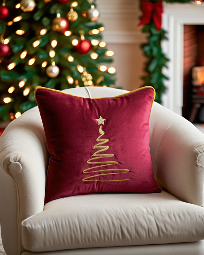 Jastëk dekorativ festiv velvet me qëndisje dhe kordon