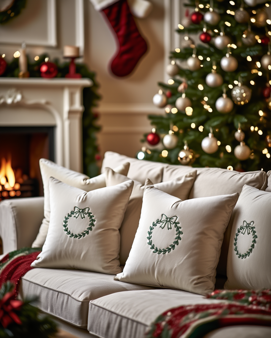 Jastëk dekorativ festiv velvet me qëndisje dhe kordon