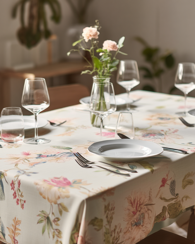 Mbulese tavoline me lule në ngjyra neutrale