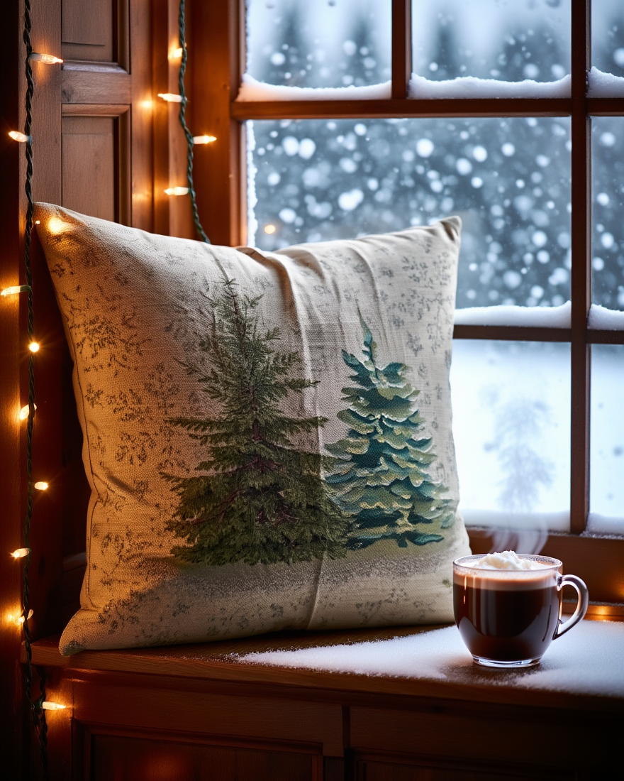 Këllëf jastëku dekorativ me bredh Krishtlindjesh