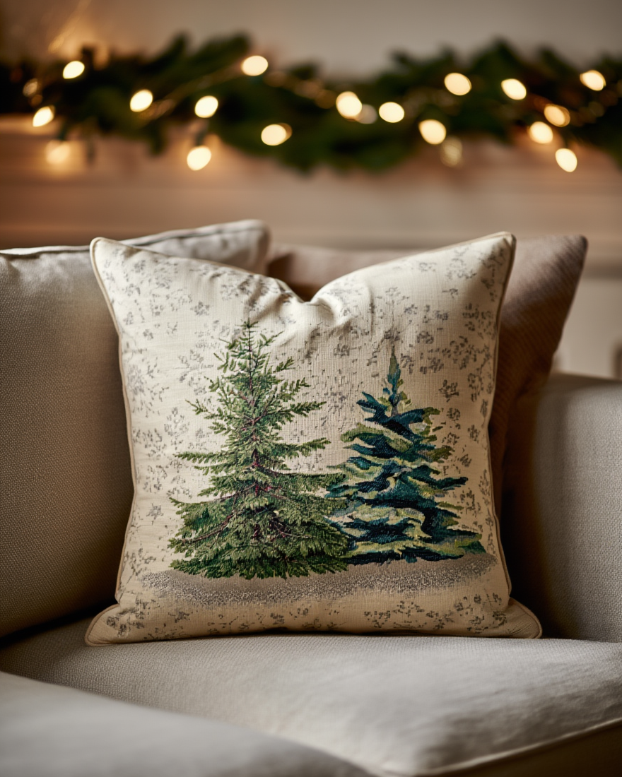 Këllëf jastëku dekorativ me bredh Krishtlindjesh