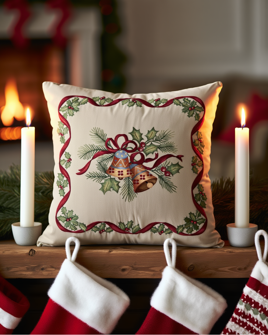 Këllëf jastëku dekorativ me Këmbanë Krishtlindjesh