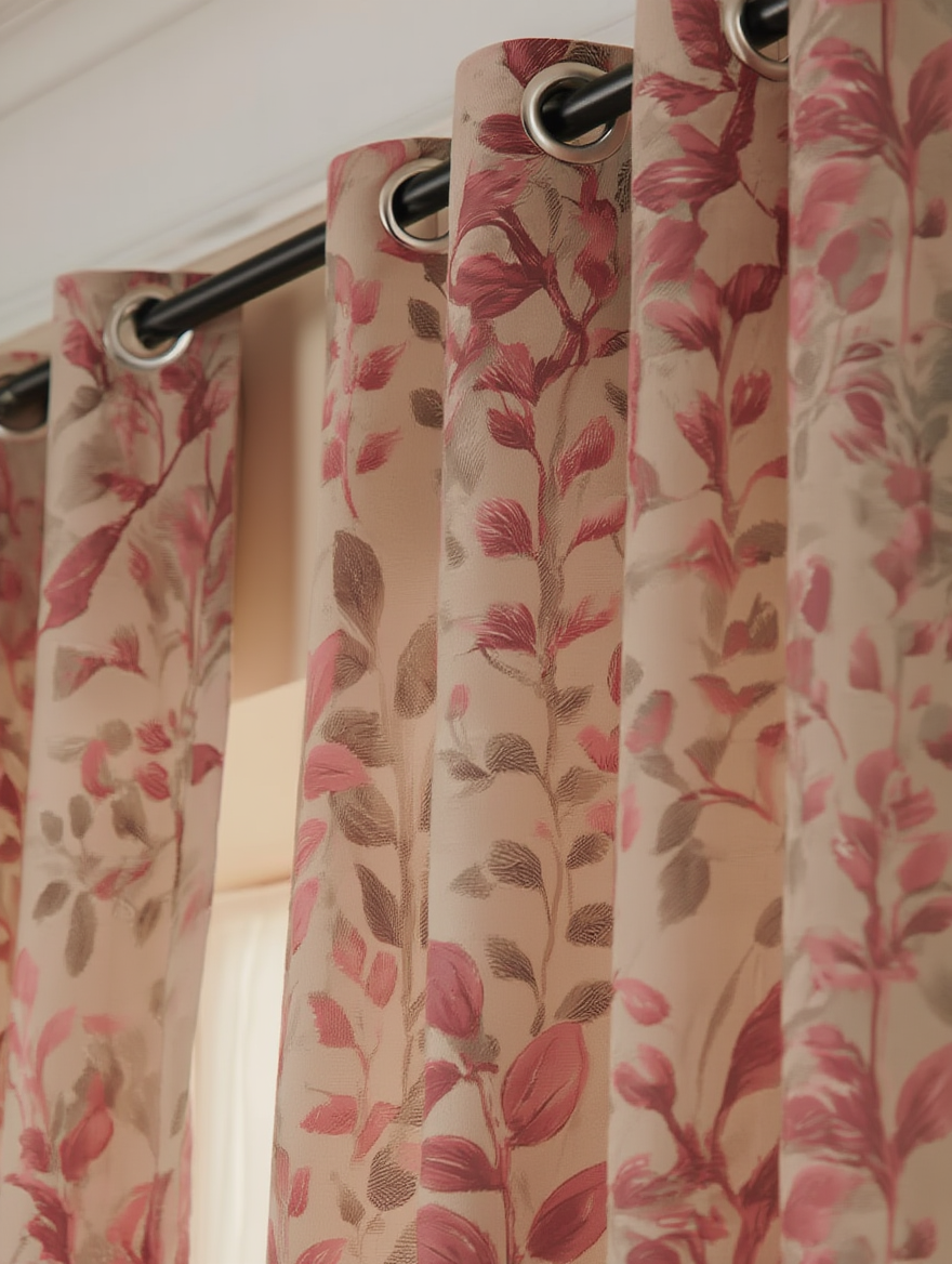 Perde elegante me motive florale në nuanca rozë dhe bezhë