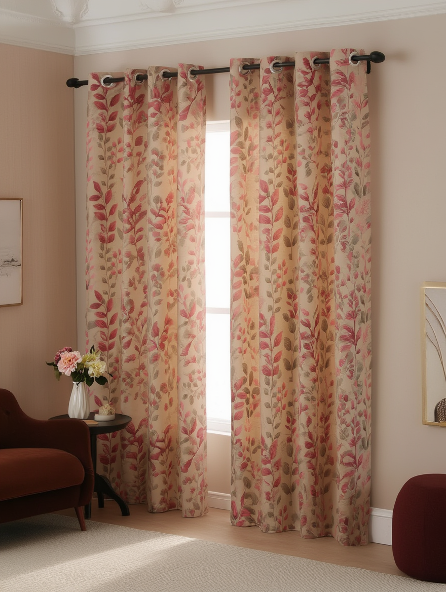 Perde elegante me motive florale në nuanca rozë dhe bezhë