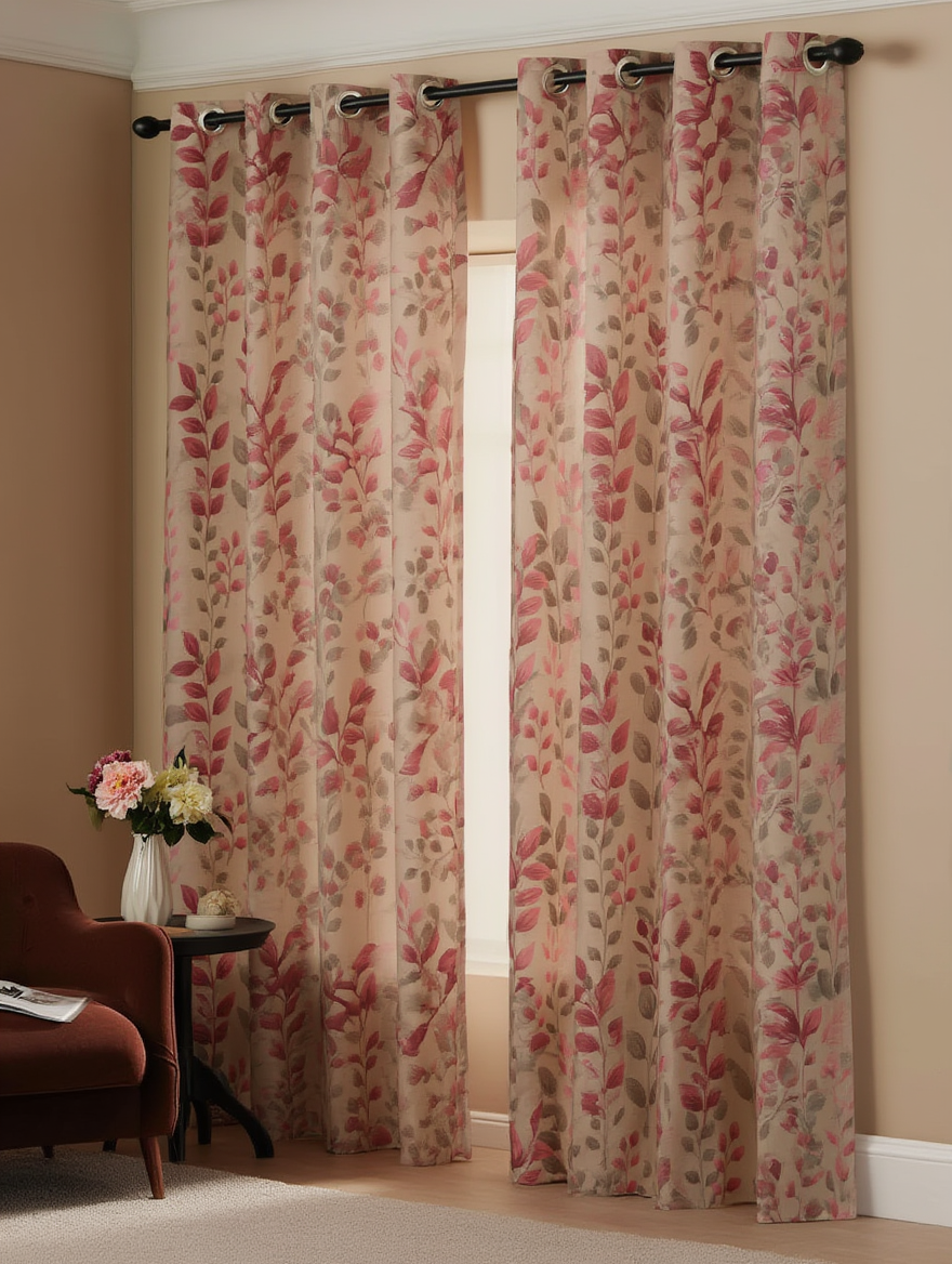 Perde elegante me motive florale në nuanca rozë dhe bezhë