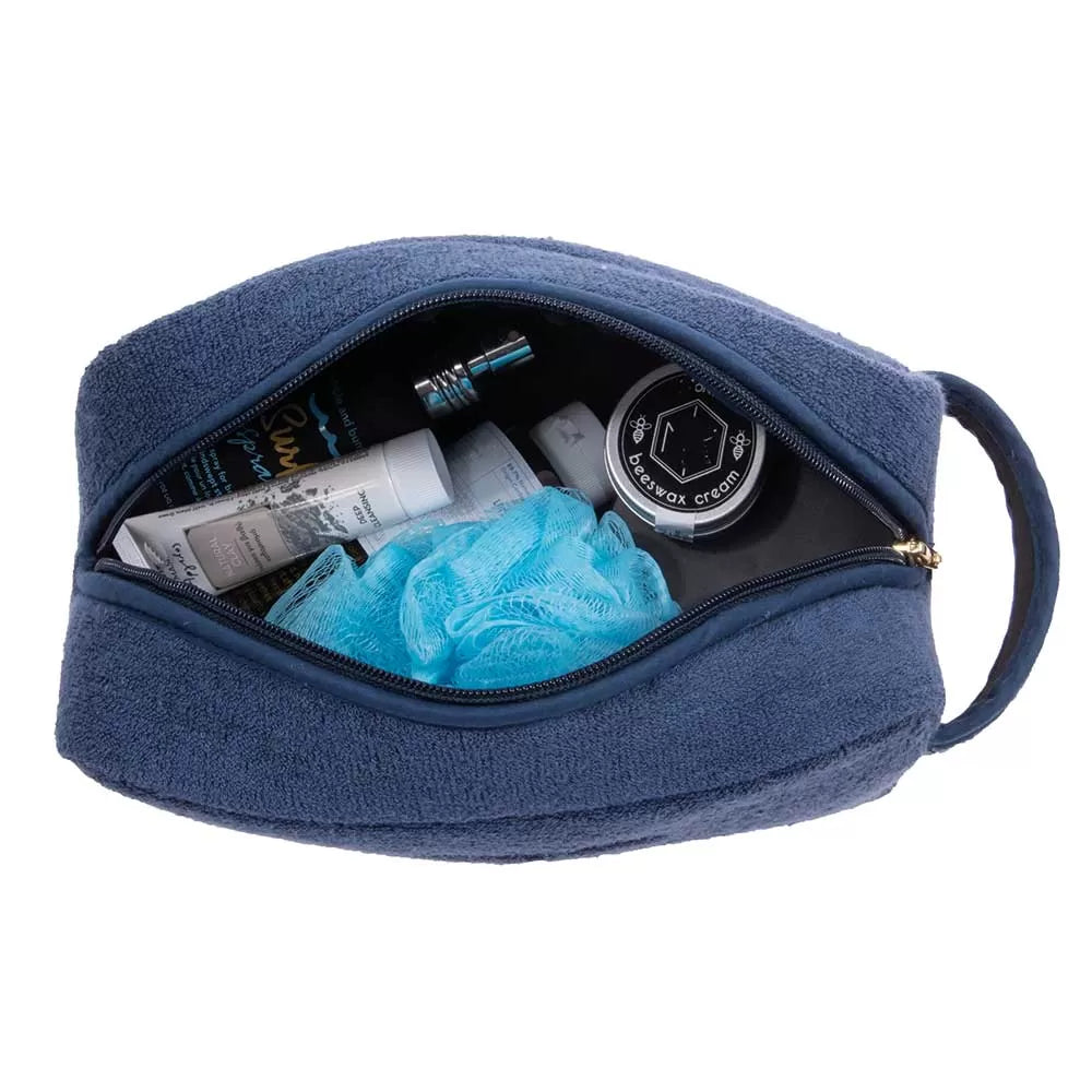 Çantë tualeti nga peshqir pambuku, ngjyrë blu, me dorezë