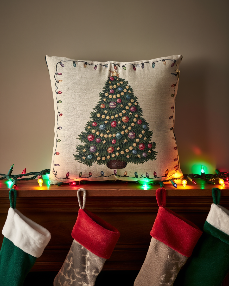 Këllëf jastëku dekorativ me pemë Krishtlindjesh