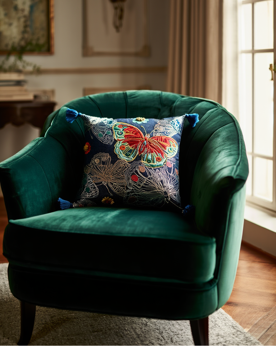 Jastëk Dekorativ Xhinse Flutura te qëndisura në ngjyrë blu