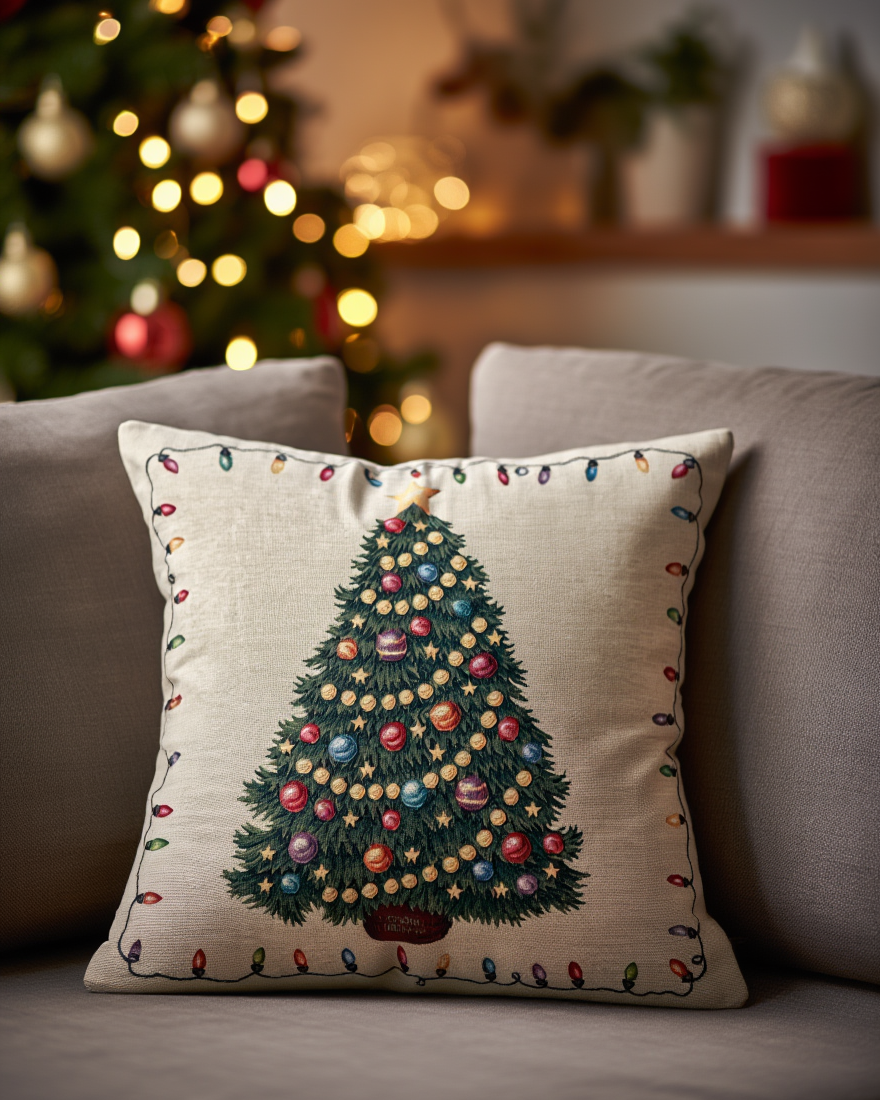 Këllëf jastëku dekorativ me pemë Krishtlindjesh