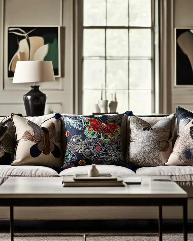 Jastëk Dekorativ Xhinse Flutura te qëndisura në ngjyrë blu